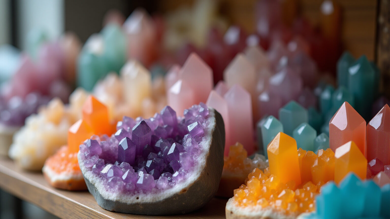 Variedade vibrante de pedras e cristais em um mercado artesanal brasileiro.