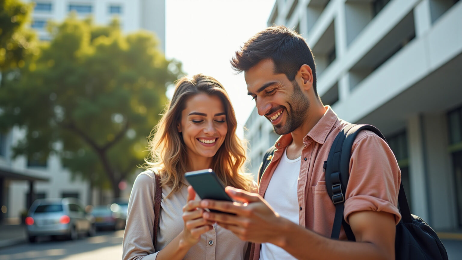 Tabela FIPE pela Placa: Consulte e Descubra o Valor Real do Veículo Casal brasileiro sorrindo consulta Tabela FIPE no celular para avaliar preço de carro.