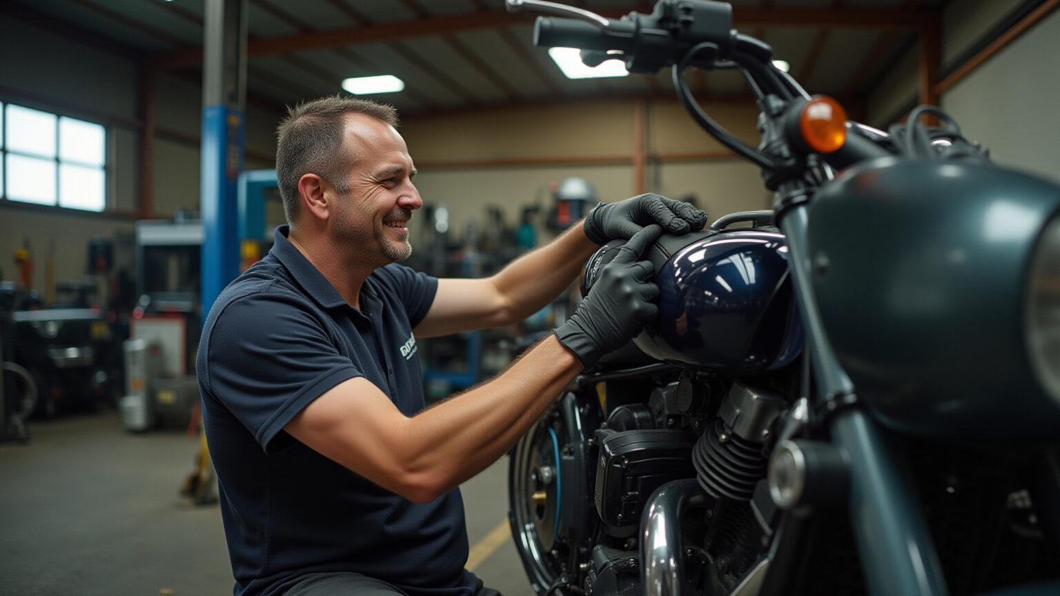 Homem inspecionando motor de moto usada em garagem.