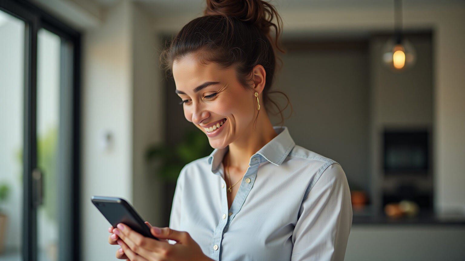 Mulher analisa app de apostas esportivas em seu smartphone.