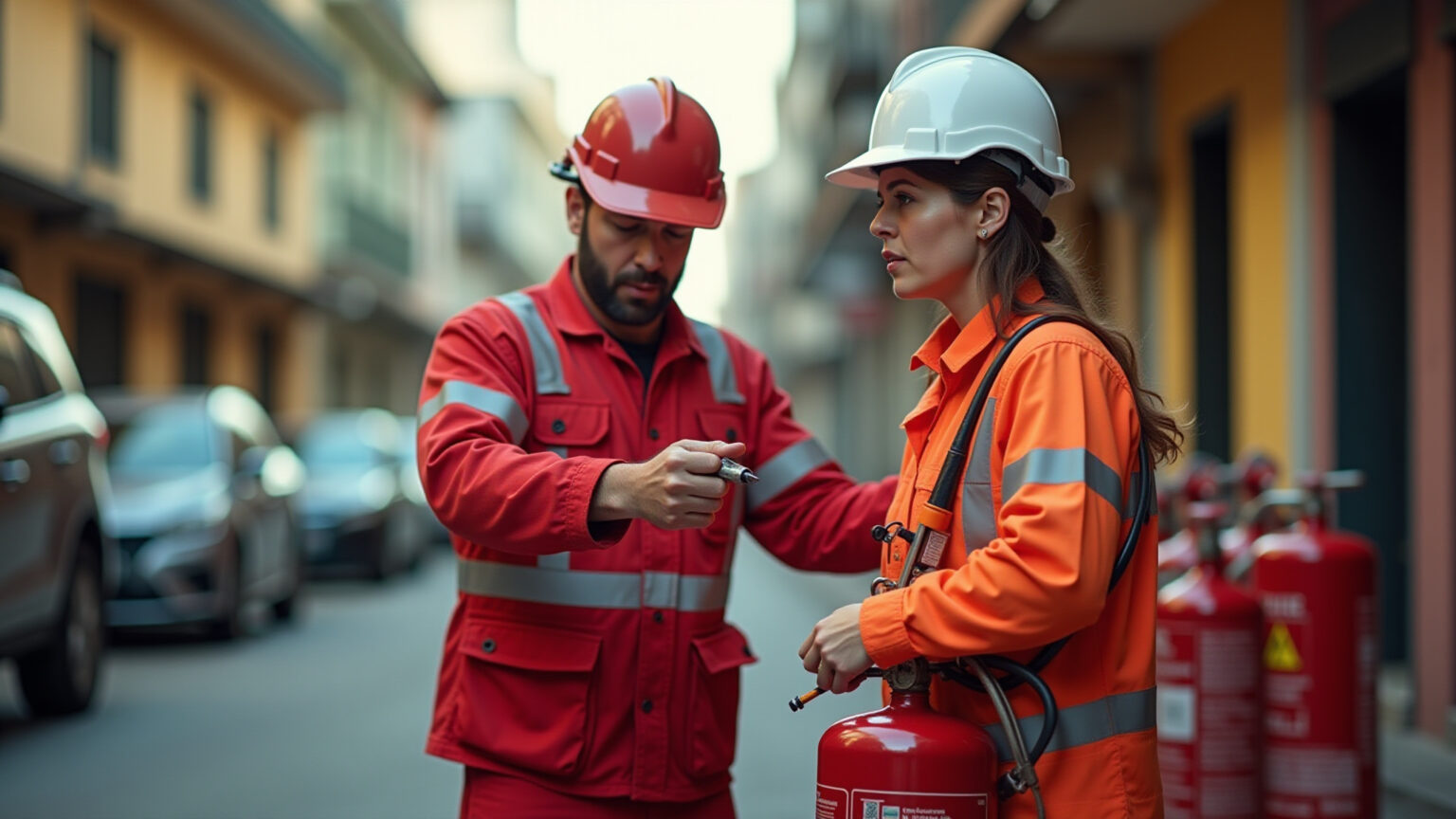 Profissional demonstrando recarga e teste hidrostático de extintor.