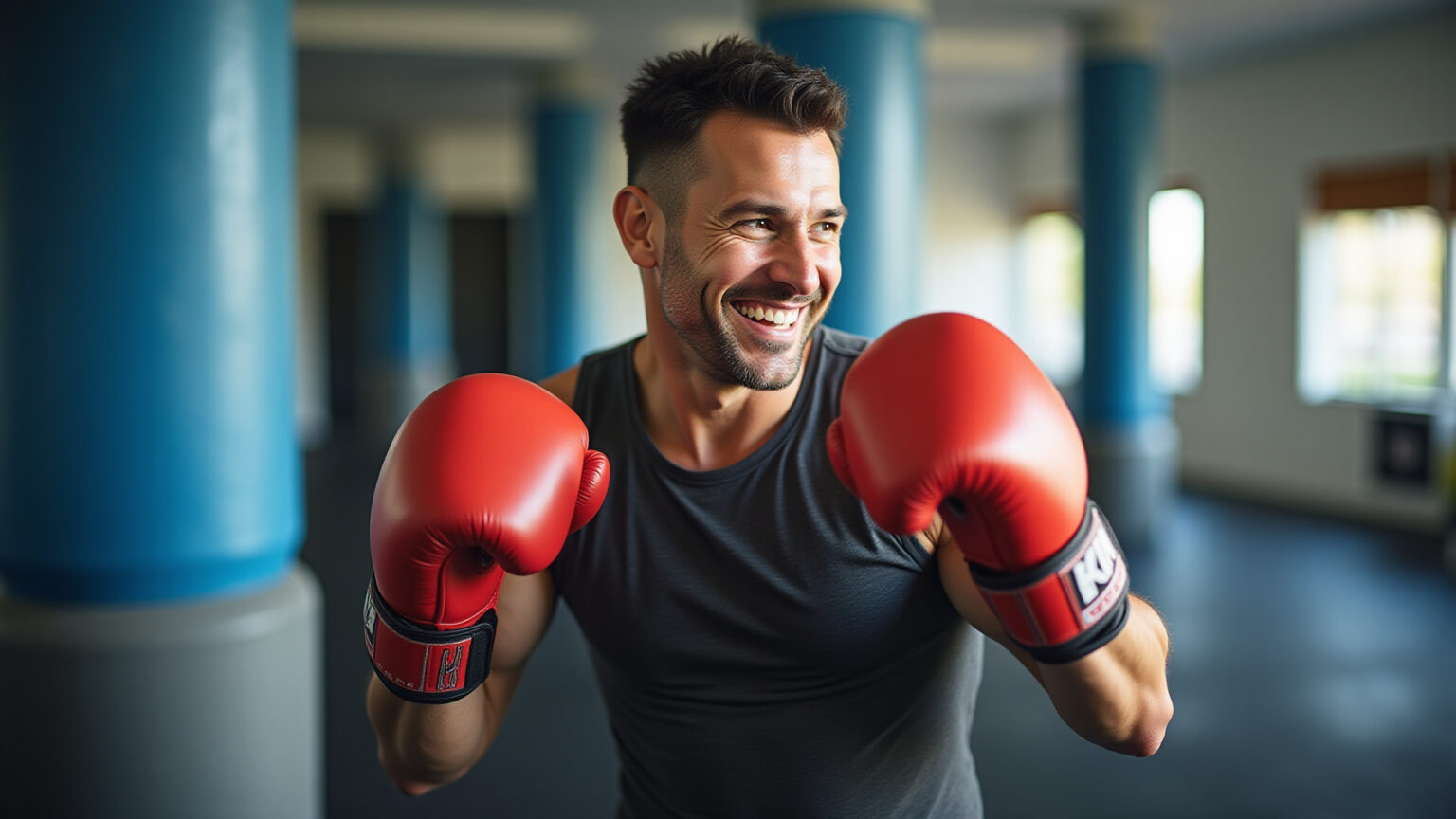 Lutador sorrindo usando luvas de boxe masculinas.