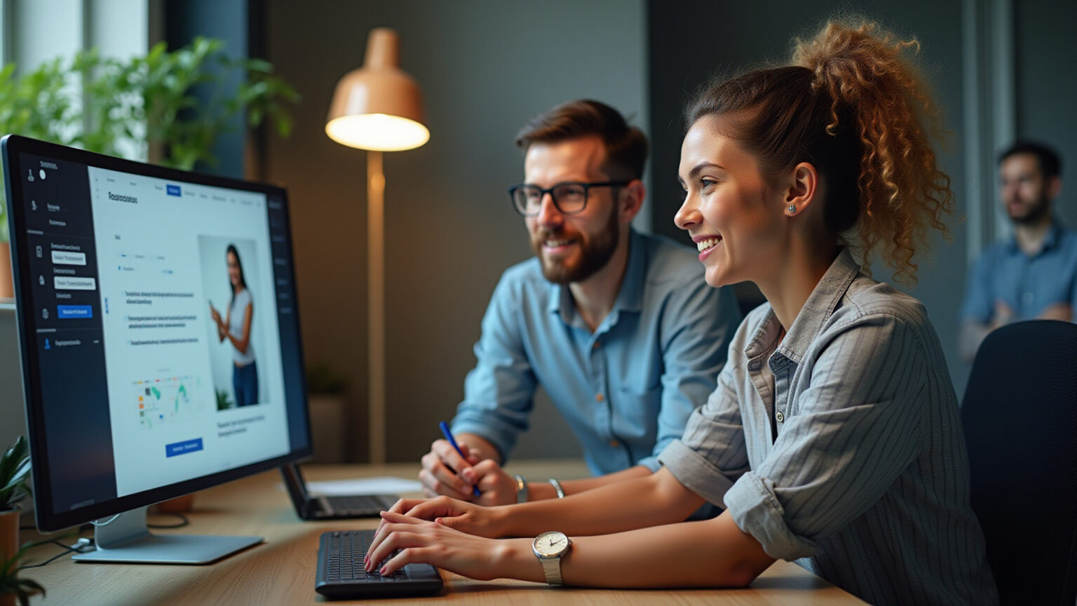 Equipe brasileira profissional colaborando em desenvolvimento de site moderno com IA.