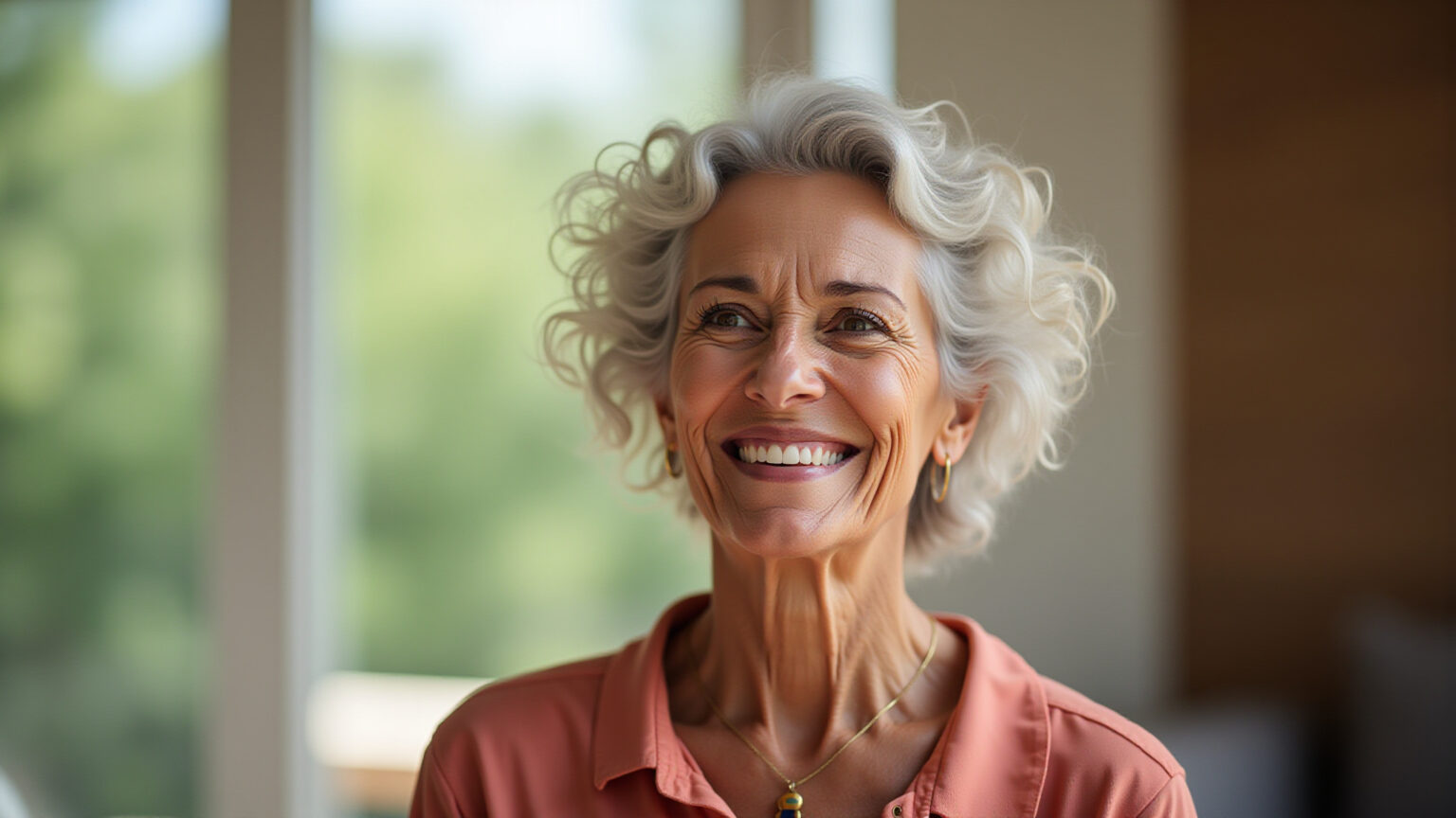 Mulher brasileira confiante aos 50 anos, sorrindo e olhando para o futuro com otimismo.