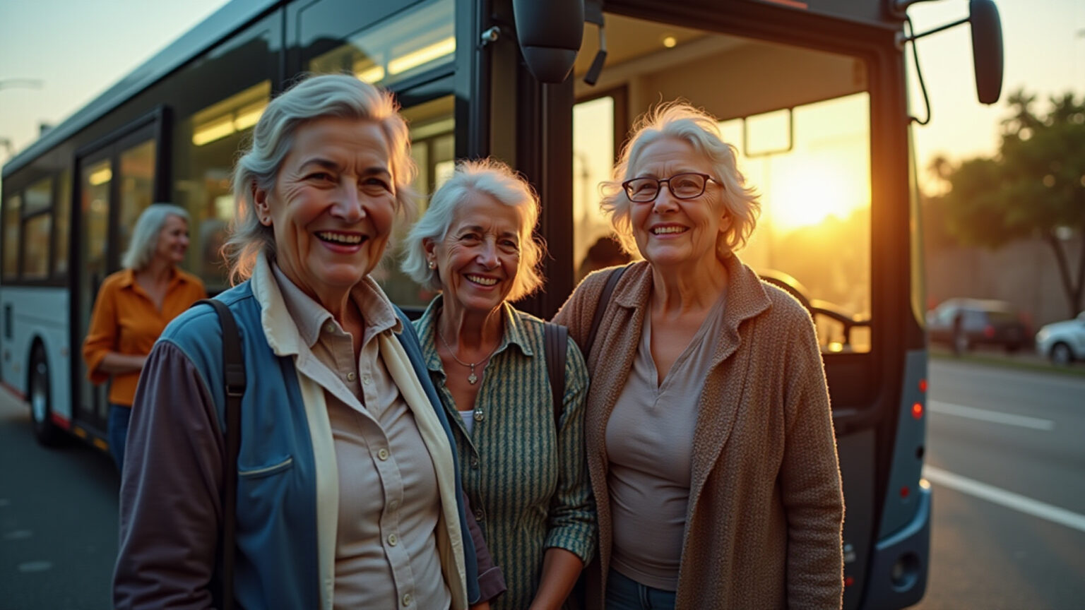 Idosos brasileiros embarcando em ônibus acessível com sorrisos.