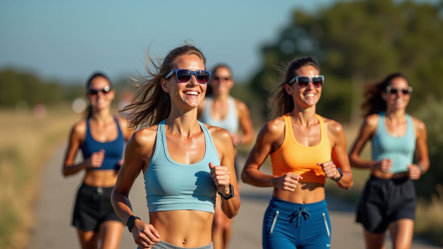 Mulheres brasileiras correndo com óculos de sol esportivos seguros e estilosos.