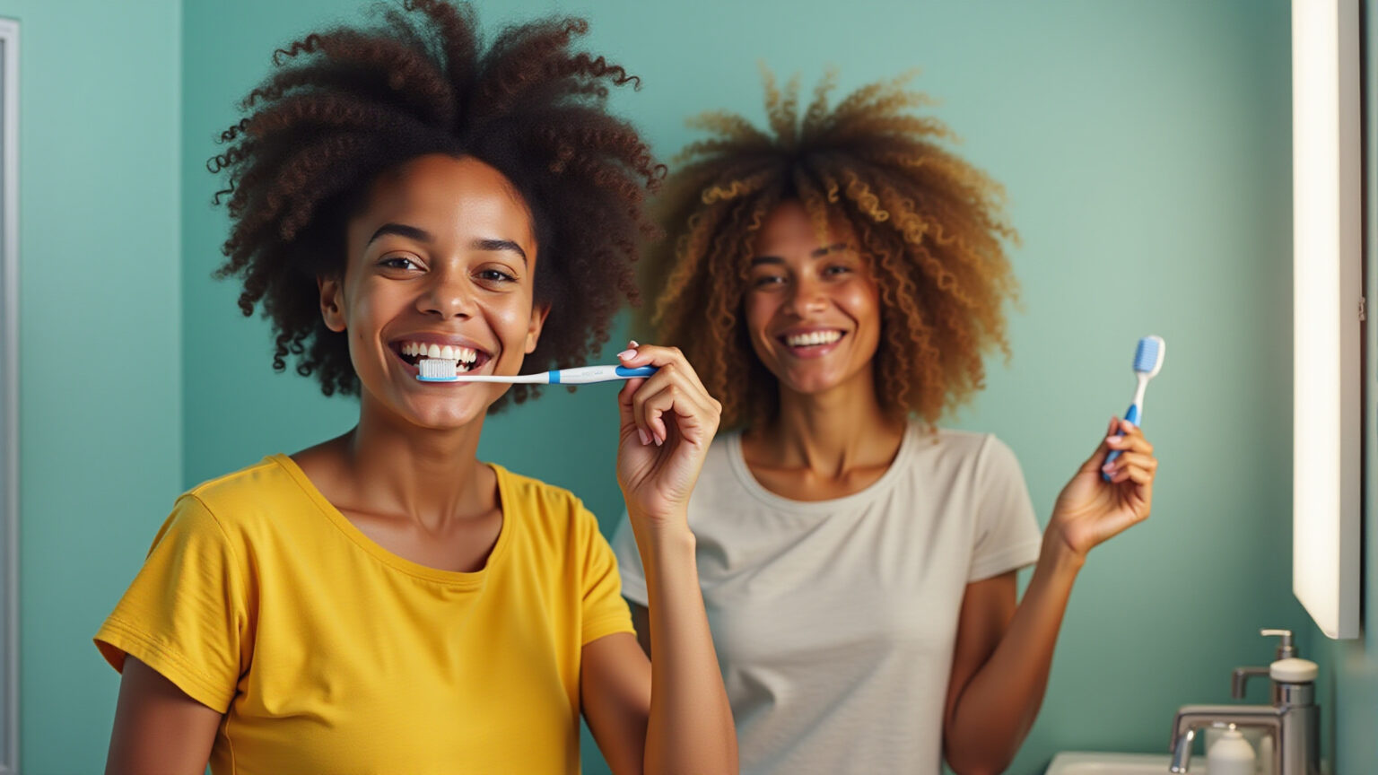 Adultos brasileiros sorrindo após cuidados com a saúde bucal.