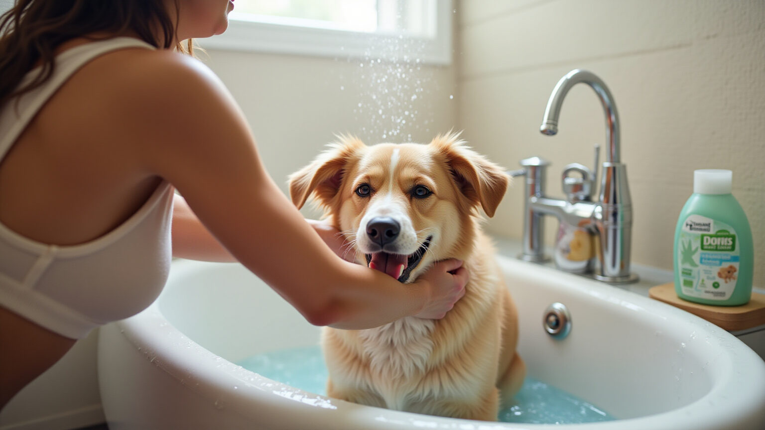 Mulher brasileira sorrindo ao dar banho em seu cachorro em casa.