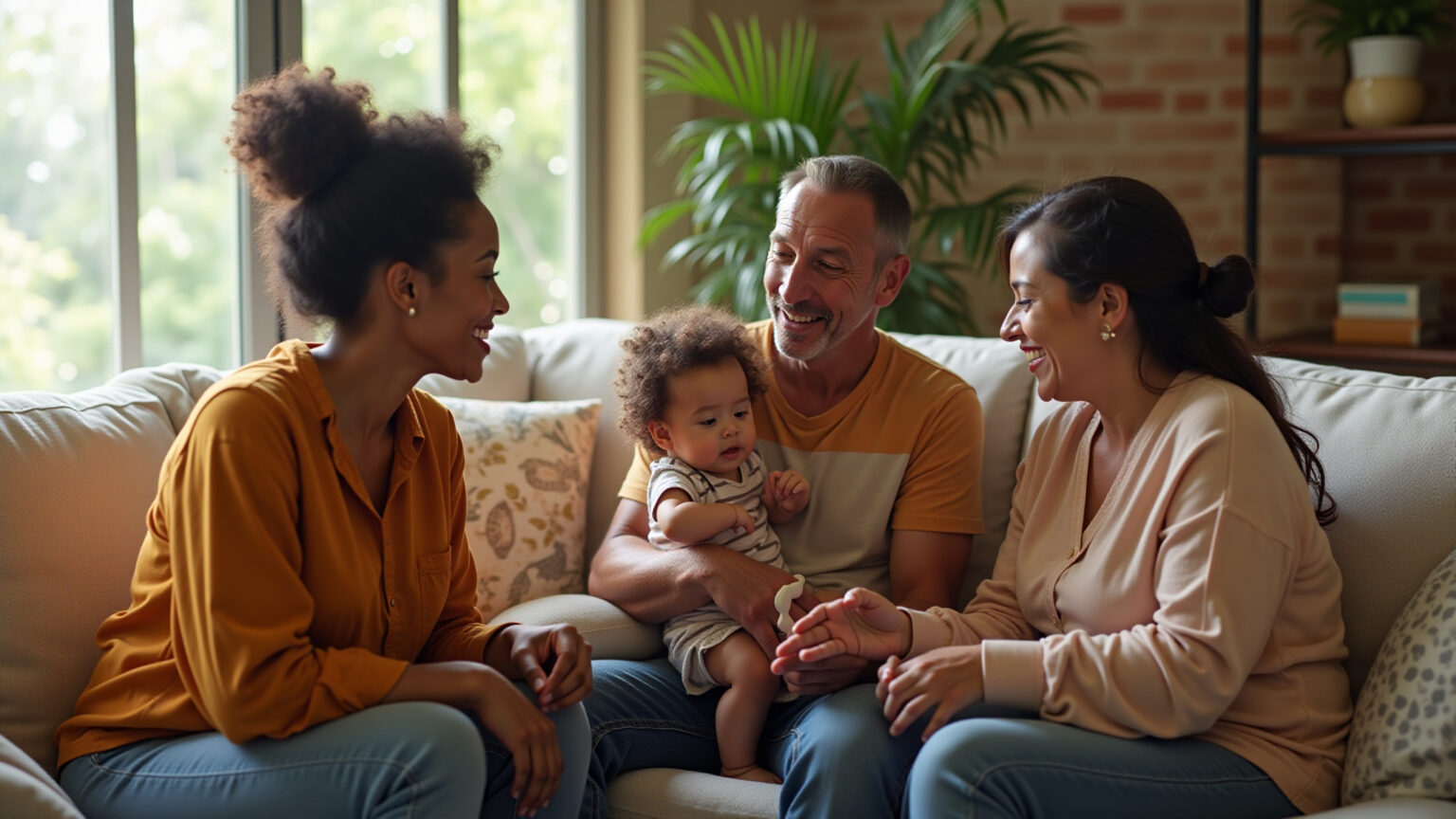Família brasileira unida em um ambiente acolhedor, transmitindo apoio e esperança.