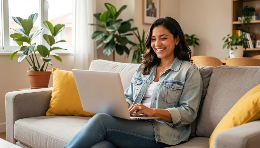 Atendimento Online: Como as Consultas Virtuais Facilitam o Cuidado com o Bem-Estar Mulher sorrindo em consulta virtual no laptop em casa