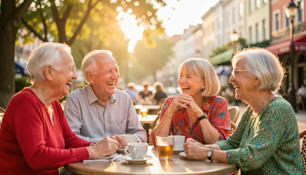 Grupo de idosos felizes conversando e rindo em um café ao ar livre