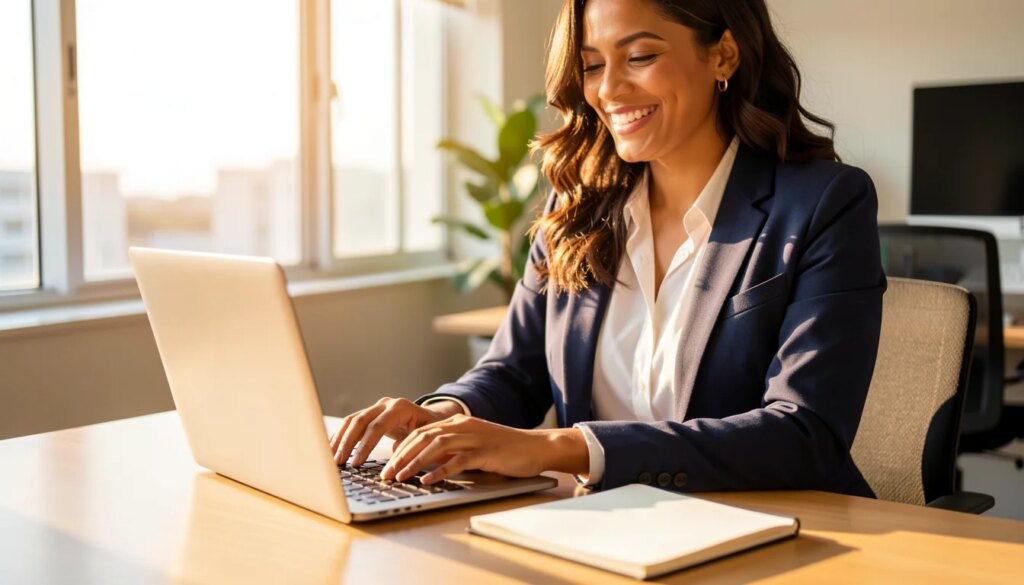 CNAE: o que é e como descobrir a atividade econômica de qualquer empresa Empresária brasileira sorridente trabalhando no laptop em um escritório moderno e iluminado.