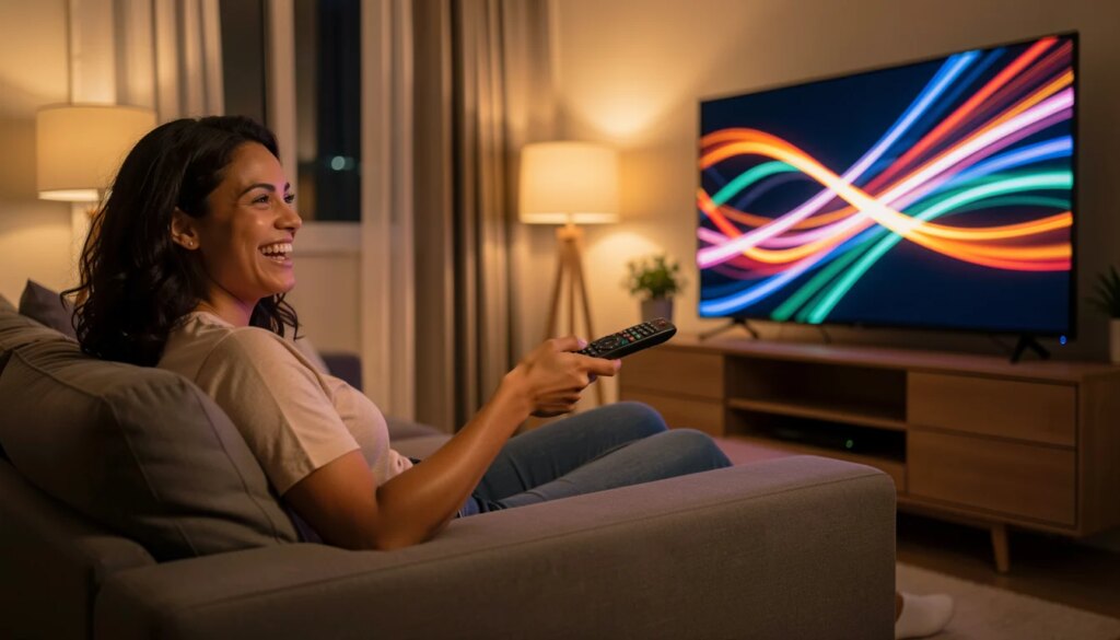 Melhores plataformas para assistir a filmes: conheça as principais opções Mulher sorridente em sofá assistindo filme na TV com luzes coloridas