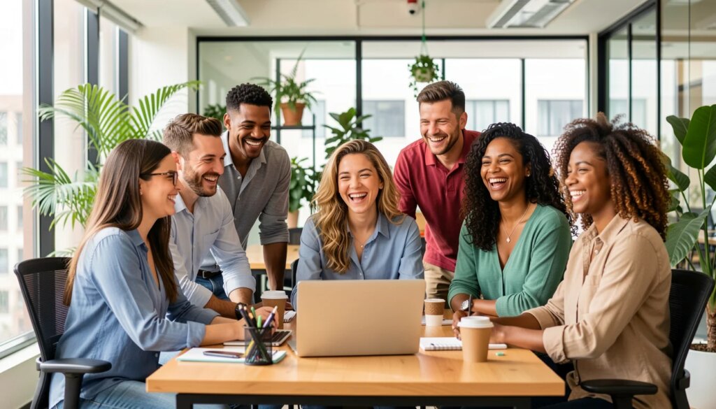 Melhores agências para aumentar resultados com marketing de performance Equipe de marketing de performance colaborando em escritório moderno e colorido